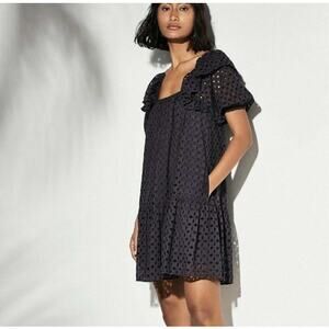 Women's Charcoal Gray Eyelet Ruffle Square-Neck Dress